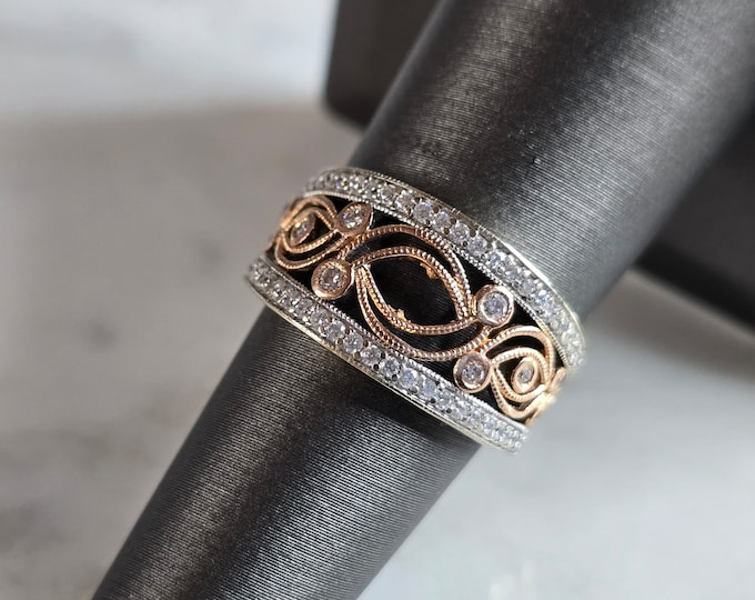 Womens Vintage Estate 14K Yellow White Gold Diamond Ring 4.4g E7567