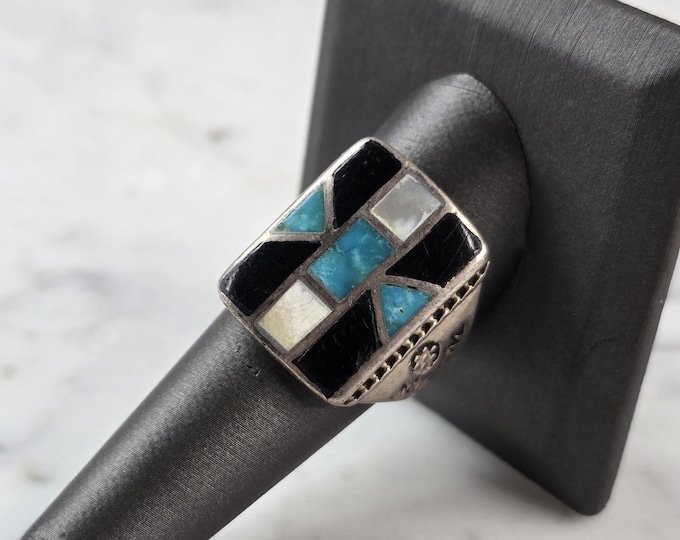Mens Vintage Sterling Silver Southwestern Turquoise MOP Onyx Ring 13.1g E605
