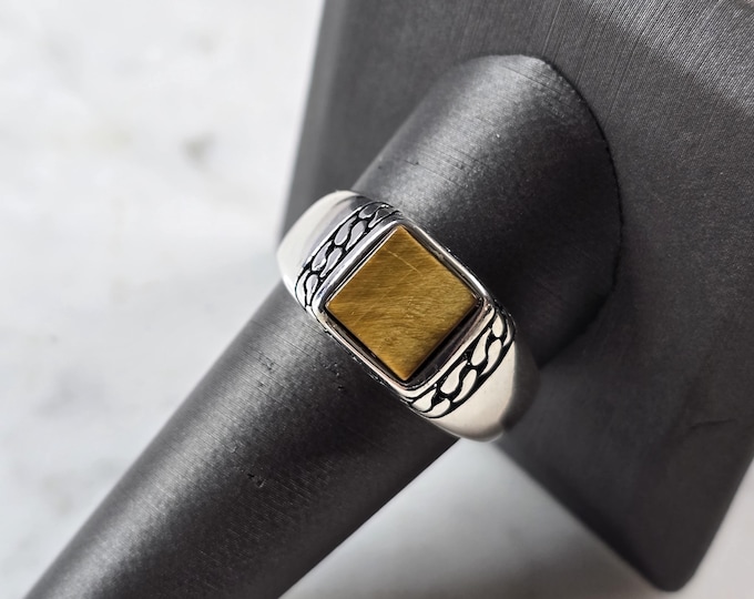 Mens Sterling Silver Modernist Tigers Eye Ring 6.2g E3225