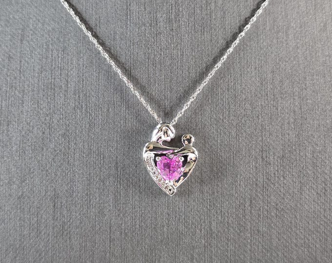 Womens Sterling Silver Pink Sapphire Mother & Child Heart Pendant 2.7g E4046