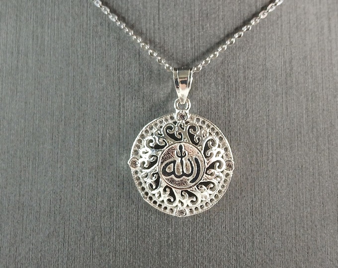 Sterling Silver CZ Religious Muslim Allah Pendant Necklace 4.5g E4699