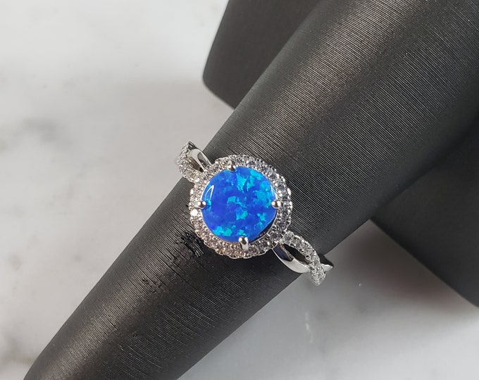 Womens Estate Sterling Silver Modernist Blue Opal & CZ Ring 3.3g E1415