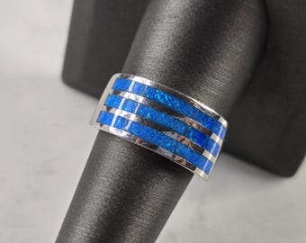 Womens Estate Sterling Silver Modernist Blue Opal Ring 7.1g E4521