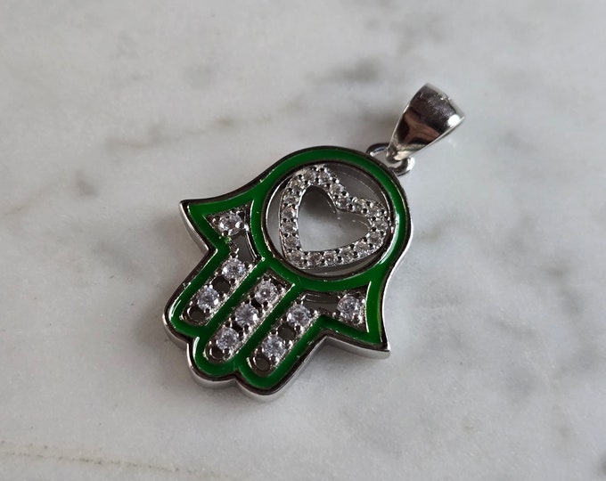 Womens Vintage Estate Sterling Silver CZ Hamsa Hand Heart Pendant 3.4g E7912