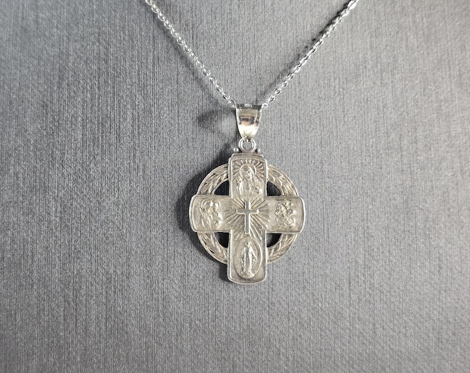 Vintage Estate Sterling Silver Religious 4 Way Cross Pendant Necklace 6.6g E6711