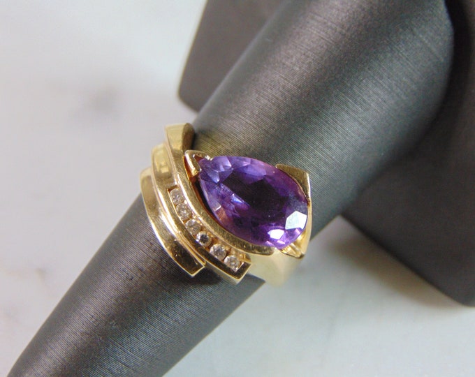 Womens Vintage Estate 10K Yellow Gold Amethyst & Diamond Ring 7g E2070