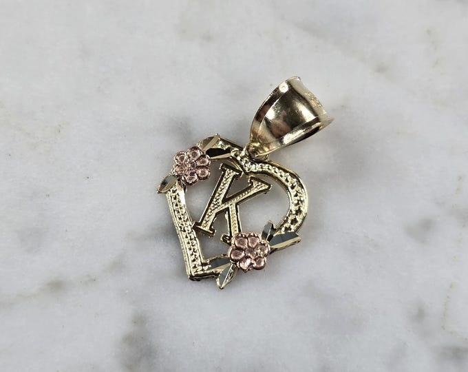Womens 10K Yellow & Rose Gold Initial Letter " K "  Heart Pendant 0.9g E3170