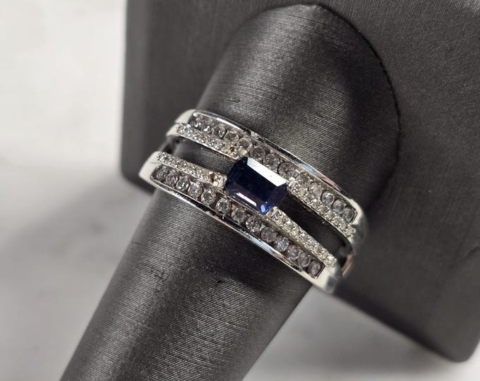 Womens Art Deco 14K White Gold Band Blue Sapphire & Diamond Ring 6.1g E4820