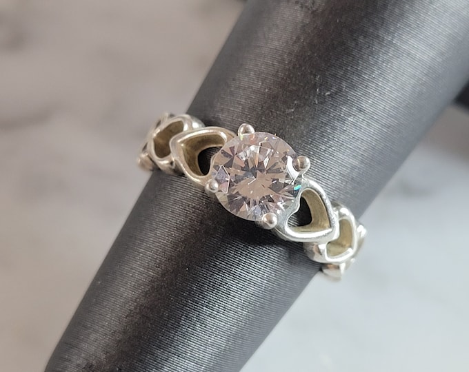 Womens Vintage Estate Sterling Silver CZ Heart Ring 2.8g #E4632