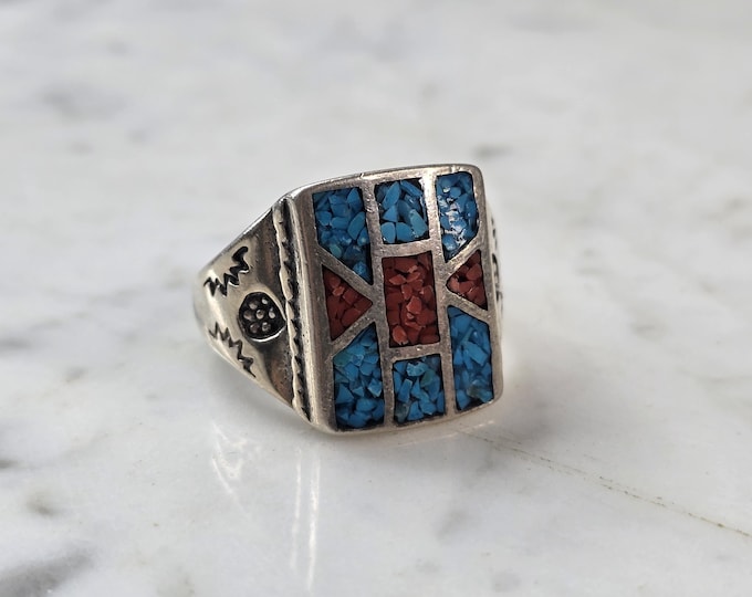Mens Vintage Estate Sterling Silver Turquoise Coral Ring 19.5g E608
