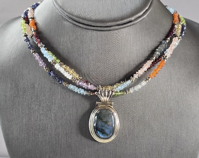 Womens Vintage Sterling Silver Labradorite Pendant Beaded Necklace 46.2g E3024