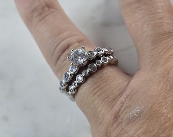 Womens Vintage Estate Sterling Silver Modernist CZ Ring Set 5.5g E4023
