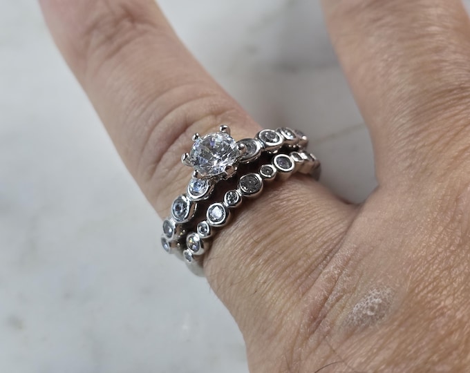 Womens Vintage Estate Sterling Silver Modernist CZ Ring Set 5.5g E4023