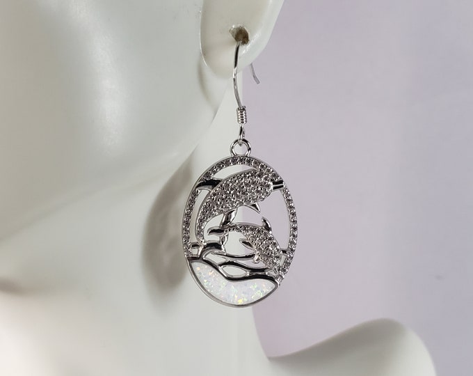 Womens Estate Sterling Silver Opal Dolphin Earrings 7.7g E6425