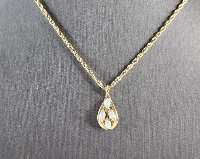 Womens Vintage Estate 14K Gold Opal Tear Drop Pendant Rope Necklace 3.6g E5529