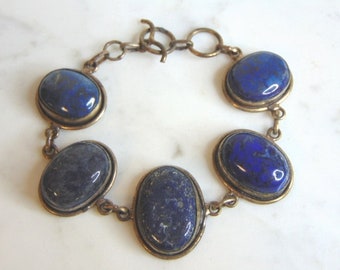 Womens Vintage Estate Sterling Silver Lapis Lazuli Bracelet 29g E5732