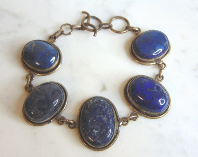 Womens Vintage Estate Sterling Silver Lapis Lazuli Bracelet 29g E5732