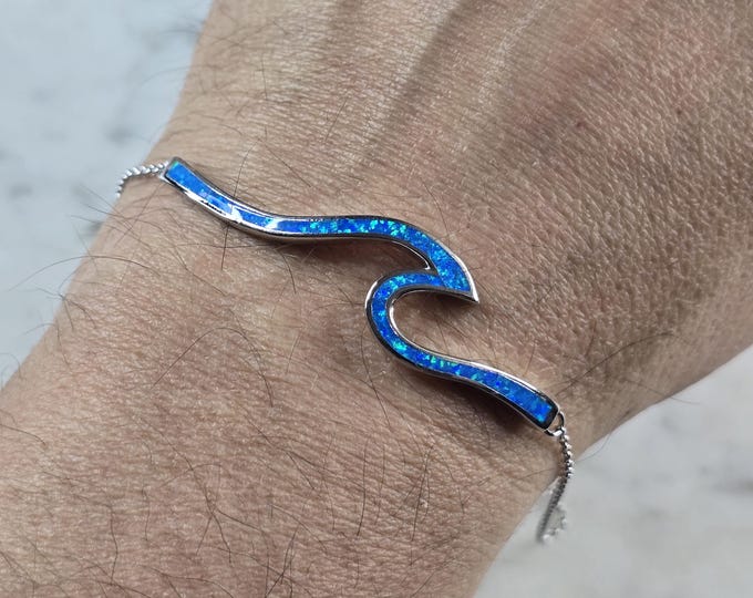 Womens Sterling Silver Blue Opal Tsunami Wave Adjustable Bracelet 8.4g E840