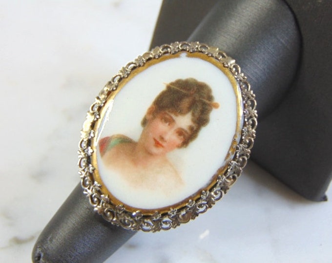 Womens Vintage Estate 14k Gold Hand Painted Porcelain Ring 11.2g E3048