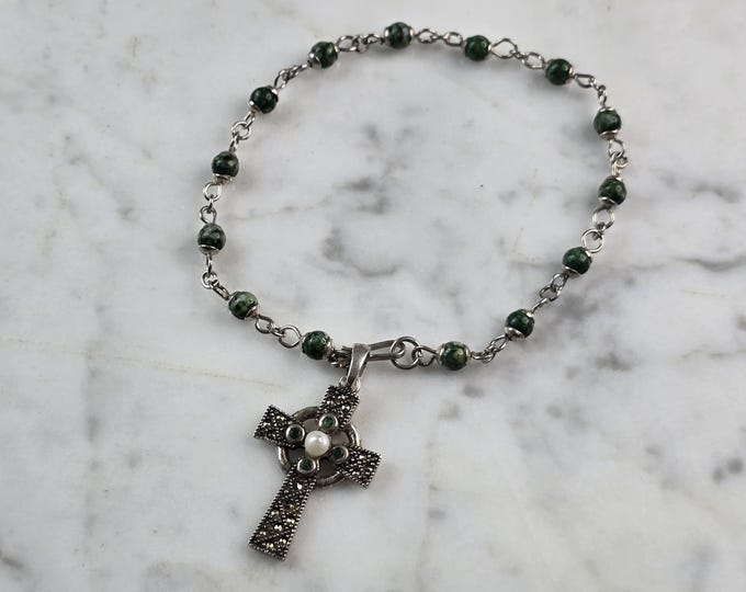 Womens Vintage Solvar Sterling Silver Beaded Celtic Cross Bracelet 6.8g E3844