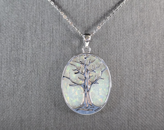 Womens Sterling Silver Opal Tree of Life Pendant Necklace 9.0g E3887