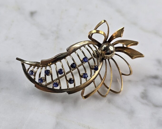 Womens Vintage Estate 18K Gold Sapphire Brooch 10.4g E819