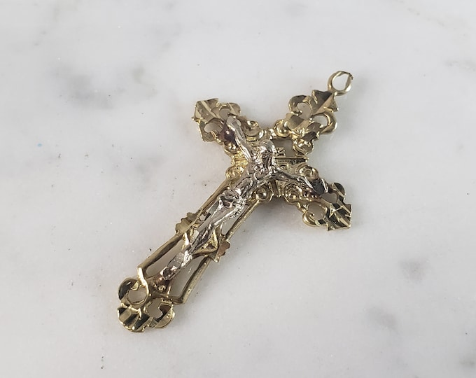 Womens Vintage Estate 14K White & Yellow Gold Religious Cross Pendant, 2.9g E2705