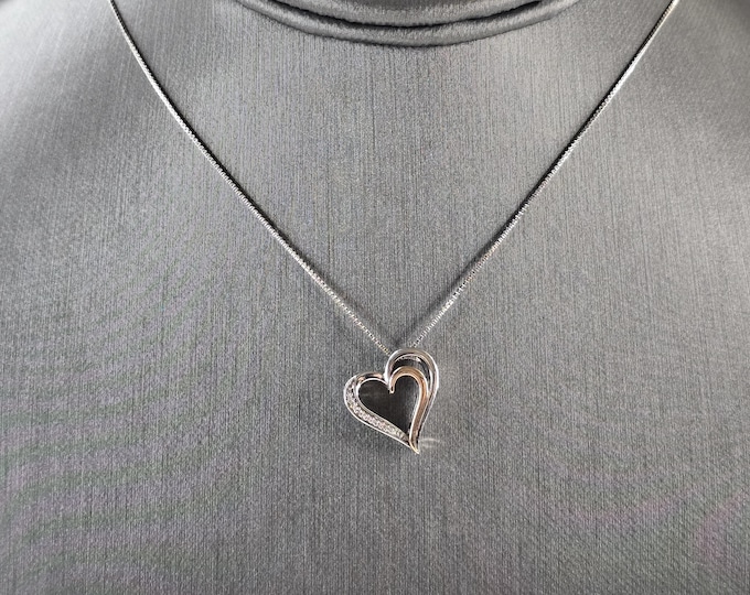 Vintage Sterling Silver 10K Gold Diamond Heart Pendant Necklace 3.9g E2363
