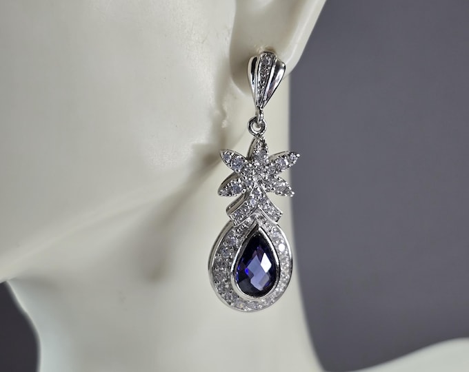 Womens Vintage Estate Sterling Silver Tanzanite CZ Stud Earrings 9.5g E7439