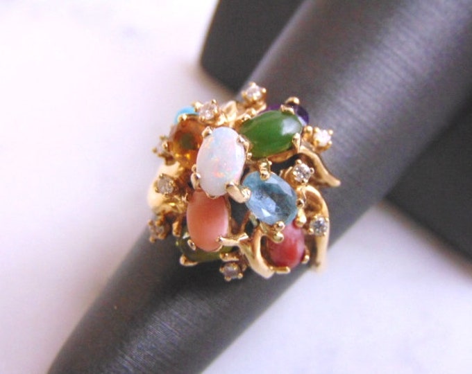 Unusual Womens Vintage Estate 14K Gold Multi Stone Ring w/ Diamonds 7.5g #E2924