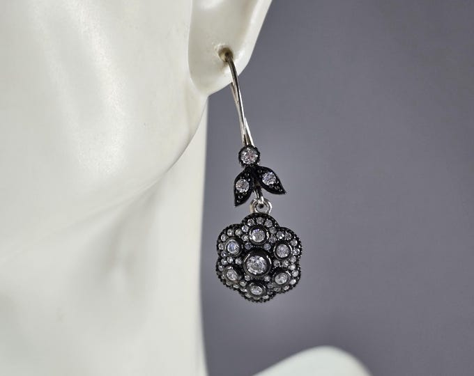 Womens Vintage Estate Sterling Silver Flower CZ Dangle Earrings 6.2g E7075