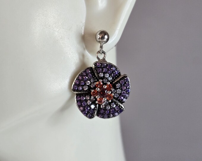 Womens Estate Sterling Silver Modernist Floral CZ Earrings 7.1g E1309