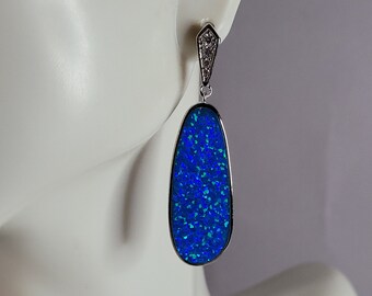 Womens Sterling Silver Blue Opal Modernist Earrings 8.8g E2709