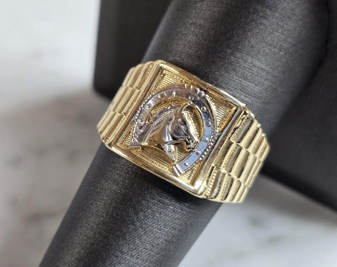 Mens Vintage Estate 14K Yellow & White Gold Horseshoe Ring 4.3g E2221