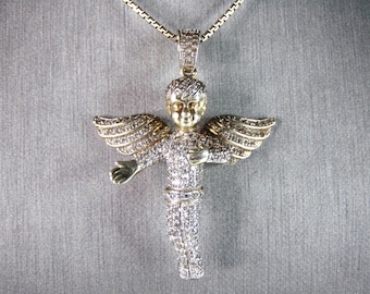 Womens Vintage Estate Sterling Silver Gold Tone CZ Angel Pendant & Necklace 23.8g E3120