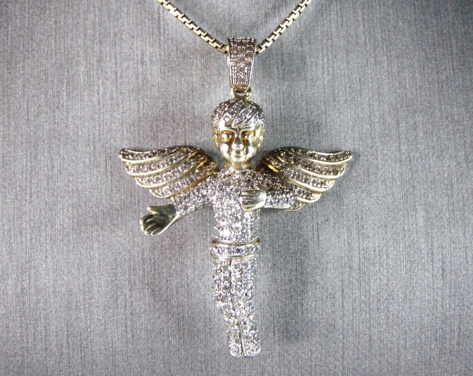 Womens Vintage Estate Sterling Silver Gold Tone CZ Angel Pendant & Necklace 23.8g E3120