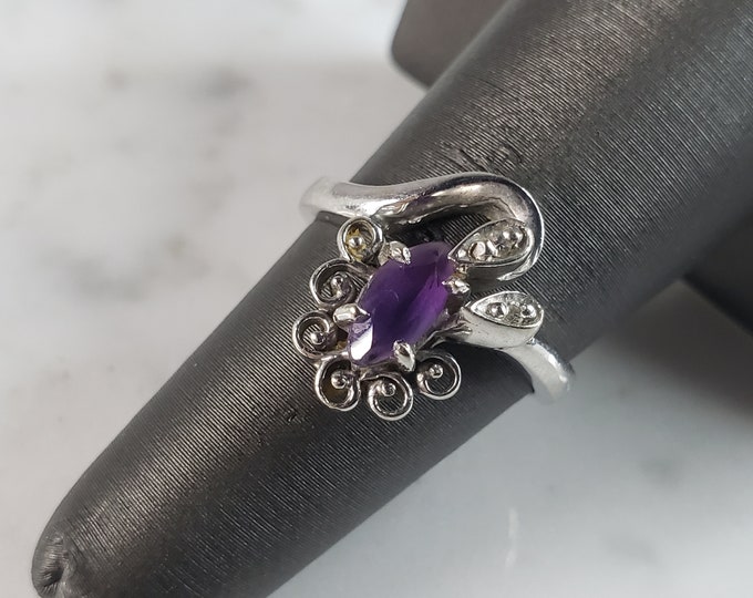 Womens Vintage Estate 14K White Gold Amethyst & Diamond Ring 4.5g E2995