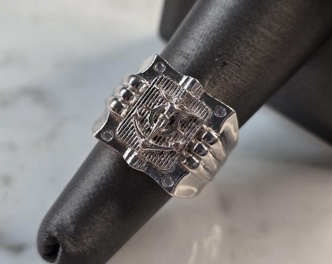 Mens Vintage Estate Sterling Silver Jesus Maritime Anchor Ring 15.5g E7630