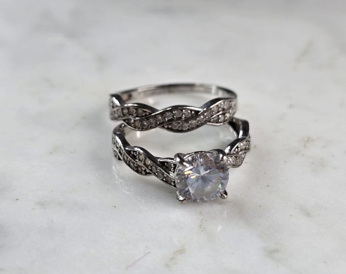Womens Vintage Estate Sterling Silver Modernist CZ Diamond Ring Set 5.7g E6852