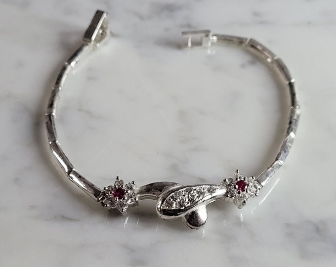Womens Vintage Estate Sterling Silver Garnet CZ Bracelet 7.8g E6200