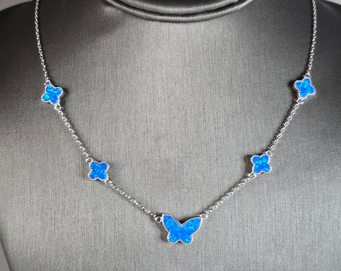 Womens Estate Sterling Silver Modernist Butterfly Opal Necklace 8.9g E7695