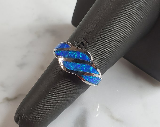 Womens Estate Sterling Silver Modernist Blue Opal Ring 4.1g E4300