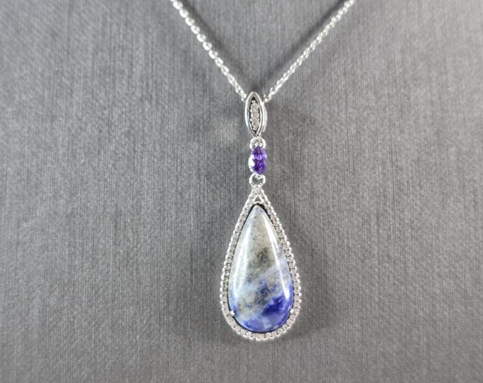 Womens Vintage Estate Sterling Silver Sodalite Pendant & Necklace 7.4g E6504