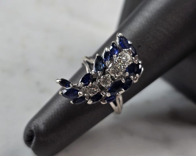 Womens Vintage Estate 14K White Gold Sapphire Diamond Ring, 5.6g E5506