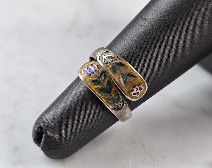 Womens Vintage Estate Sterling Silver Floral Enamel Siam Ring 2.3g E4143