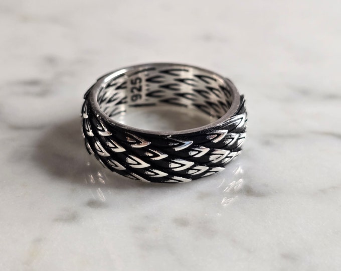Mens Estate Sterling Silver Modernist Feathered Band Ring 10.5g E7848