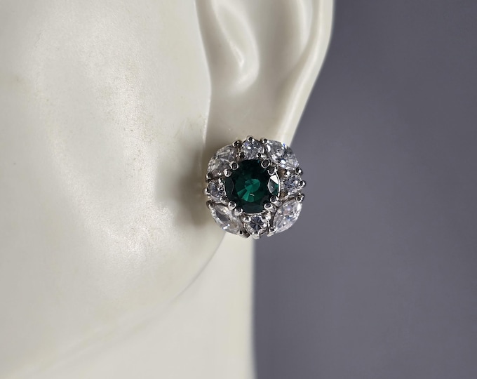 Womens Vintage Estate Sterling Silver Emerald CZ Stud Earrings 5.8g E7668