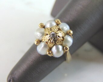 Womens Vintage Estate 14K Gold Pearl & Diamond Ring 8.7g E1602