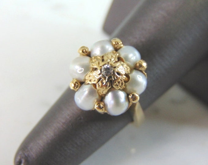 Womens Vintage Estate 14K Gold Pearl & Diamond Ring 8.7g E1602