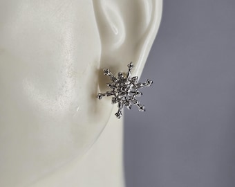 Womens Vintage Estate Sterling Silver CZ Snowflake Stud Earrings 1.7g E5885